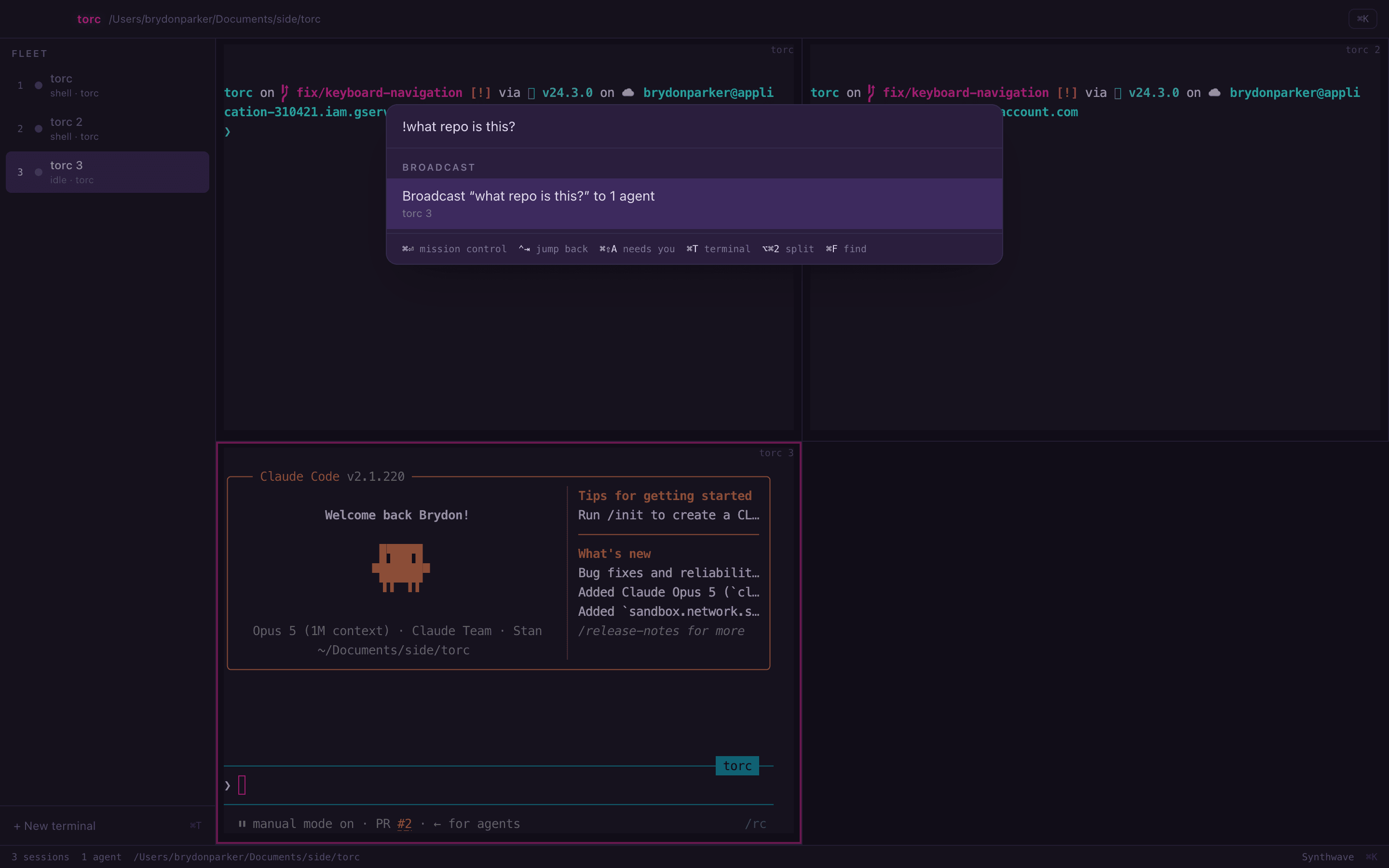 The ! prefix broadcasting a prompt to the fleet, showing it will send to the one agent and skip the two plain shells.