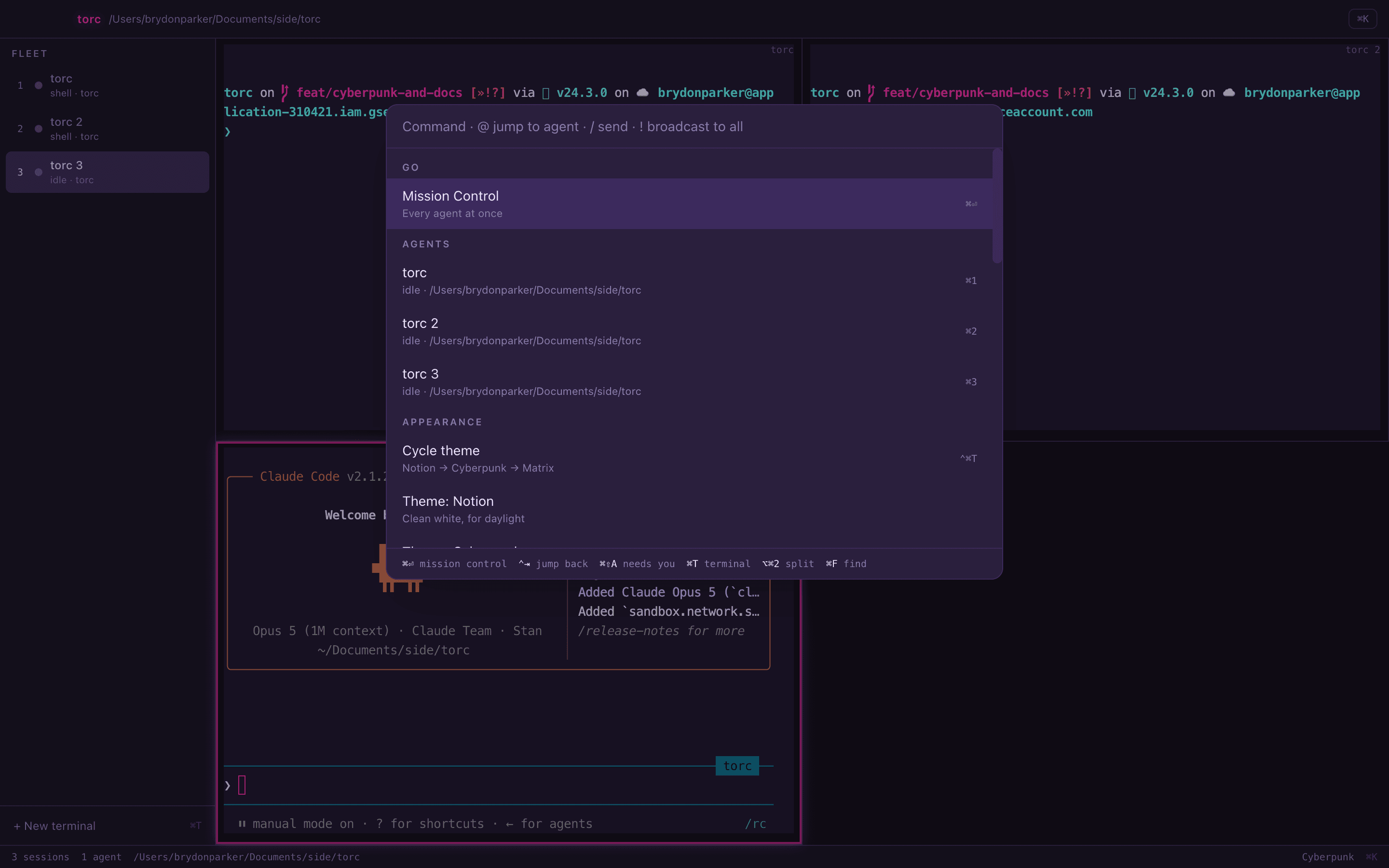 Torc's ⌘K command palette, headed by Mission Control with its shortcut, then every agent numbered ⌘1 to ⌘3, then theme options.