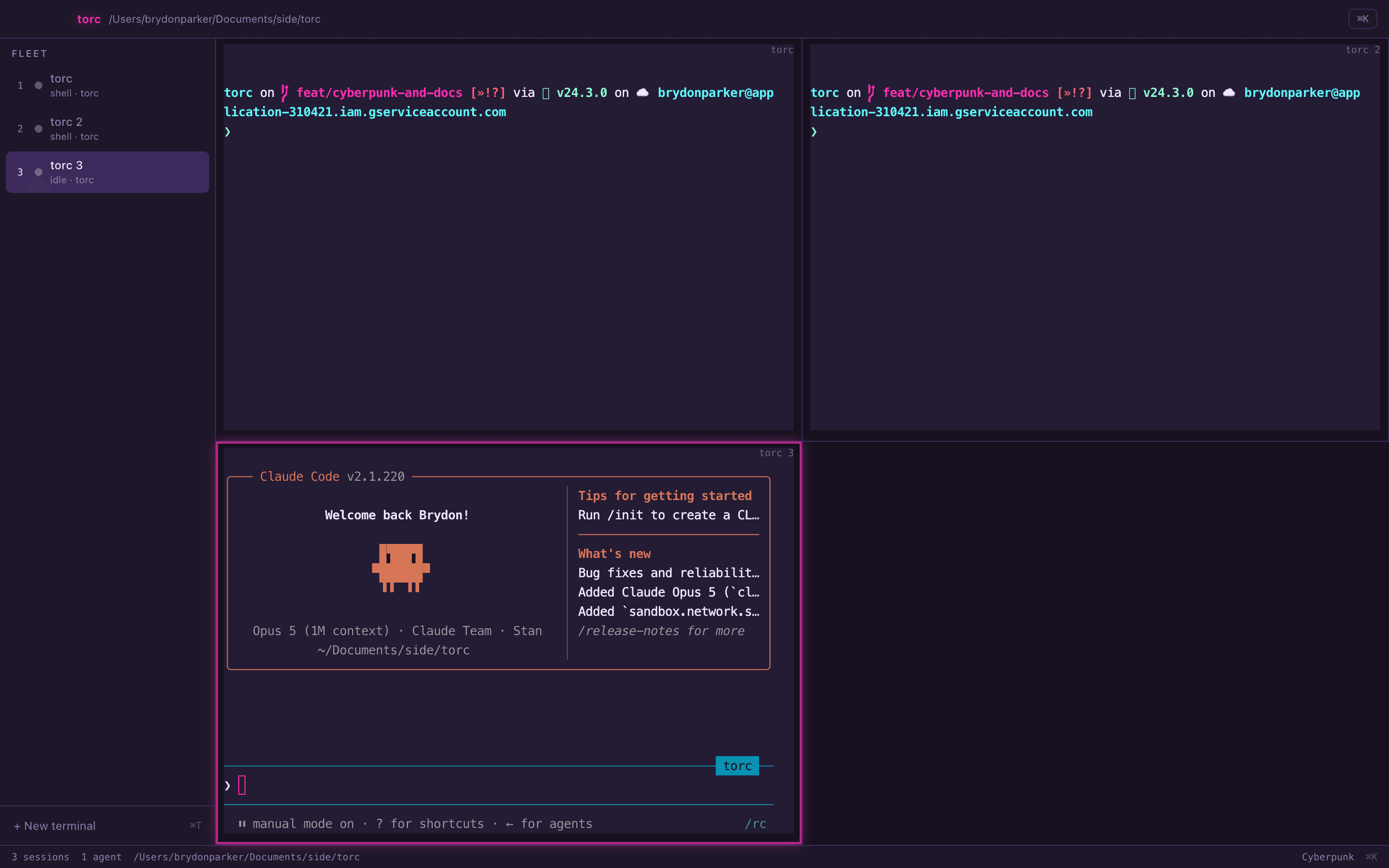 Four terminal panes open at once in Torc's Cyberpunk theme, with the focused pane outlined in magenta and a Claude Code session running in it.